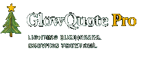GlowQuote Pro wordmark with an illustrated gold-and-green Christmas tree and small tagline.