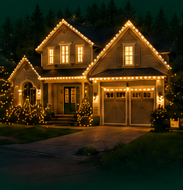 Nighttime photograph of a large suburban house decorated with dense warm-white Christmas lights.