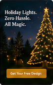 Vertical holiday postcard artwork titled “All Magic”, featuring a large lighted Christmas tree.