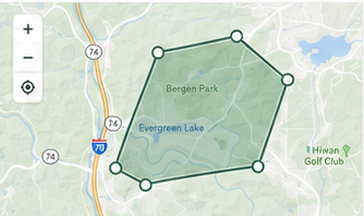 Map rendering showing the Evergreen, Colorado target area and a dark-green polygon route with circular nodes.
