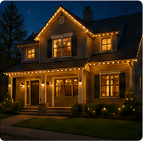 Nighttime front view of a two-story gabled house illuminated with warm holiday lights.