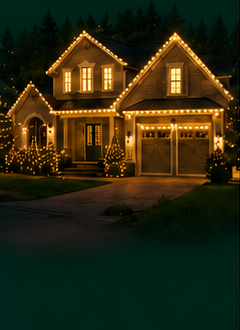 Nighttime exterior photograph of a large warmly lit suburban house decorated with string lights.
