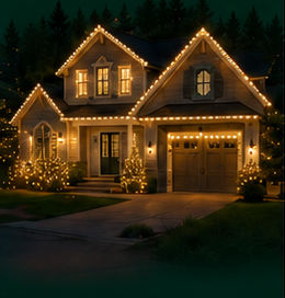 Dark, atmospheric holiday-lit suburban house image with silhouetted pine forest foreground used at the bottom of the left sidebar.