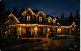 Wide nighttime photograph of the Johnson Residence, a large suburban house outlined in warm Christmas lights.
