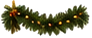 Evergreen holiday garland with warm lights and red accents.