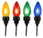Set of five upright multicolor holiday bulbs on dark stakes.