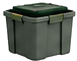 Dark green lidded plastic storage tote product illustration.