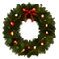 Green Christmas wreath with red berries, gold ornament accents, and a white center.