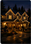 Portrait-oriented nighttime photo of an extensively decorated multi-gabled house.