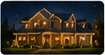 Nighttime residential exterior photo of a broad home lit by warm holiday lights.