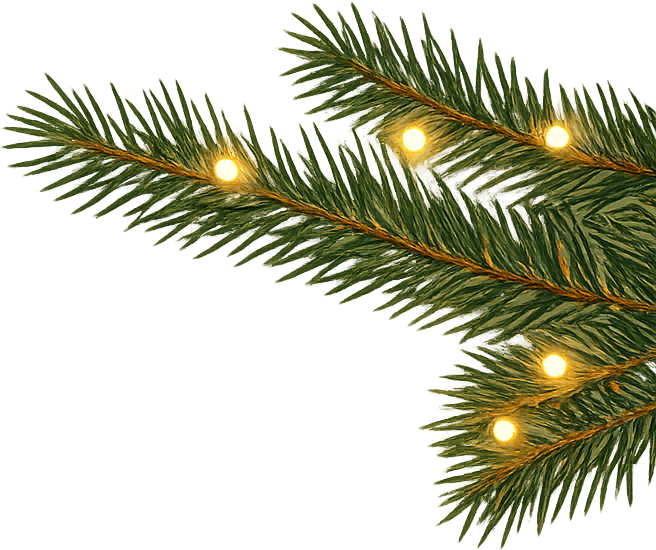 Photorealistic evergreen branch with warm glowing string lights at the upper-right of the content area.