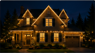 Nighttime exterior photograph of a large decorated house glowing with warm Christmas lights, dark blue sky, trees, and driveway.