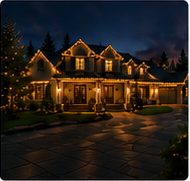 Nighttime exterior photograph of the Johnson Residence illuminated with warm holiday roofline lights.