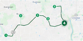 Pale street-map route visual with a dark green route line and numbered circular stops.